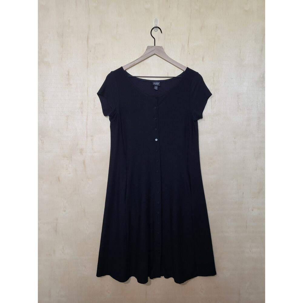 Size:PM Eileen Fisher Black Scoop Neck Short Sleeve Shift Dress Button Down
